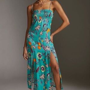 Maeve Anthropologie Teal Green Floral Cross Back Smocked Midi Slip Dress Small